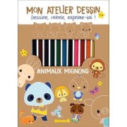  Mon atelier dessin Animaux mignons - Avec 1 bloc créatif, 11 crayons de couleur, 1 crayon gris de dessin, 1 taille-crayon, 1 gomme 
