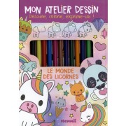 Le monde des licornes - Kit avec 1 bloc créatif, 11 crayons de couleurs, 1 crayon gris de dessin, 1 taille-crayon et 1 gomme 