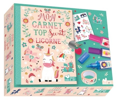  Coffret Mon carnet top secret licornes - Avec 1 planche de stickers pour décorer son carnet, 3 surligneurs licornes colorés, 1 rouleau de masking tape, 1 cadenas et 2 clés pour mettre à l'abri ton carnet  
