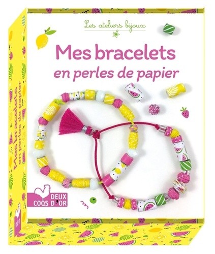  Mes bracelets en perles de papier - Avec 2 cordons élastiques, 4 perles à facettes blanches, 4 perles de rocaille transparentes, 1 pompon fluo, 3 feuilles de motifs et 1 feuille fluo à découper, 1 tube de colle, 2 bâtonnets en bois et 1 petit pinceau 