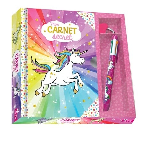  Mon carnet secret licorne - Coffret avec 1 carnet, 1 stylo 4 couleurs et 1 cadenas coeur avec ses clés 