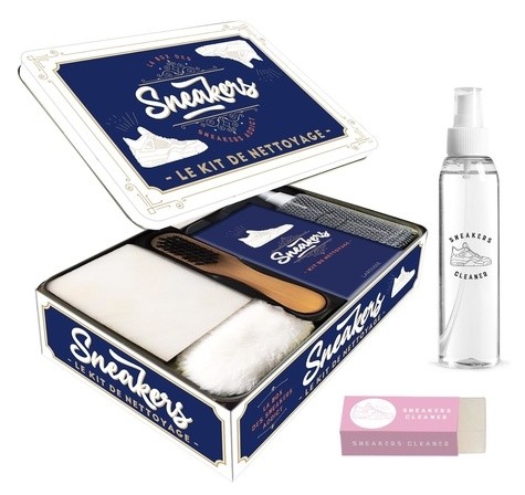  La box des Sneakers - Le kit de nettoyage - Coffret avec une brosse de nettoyage, deux gommes, une serviette microfibre et un petit flacon spray 