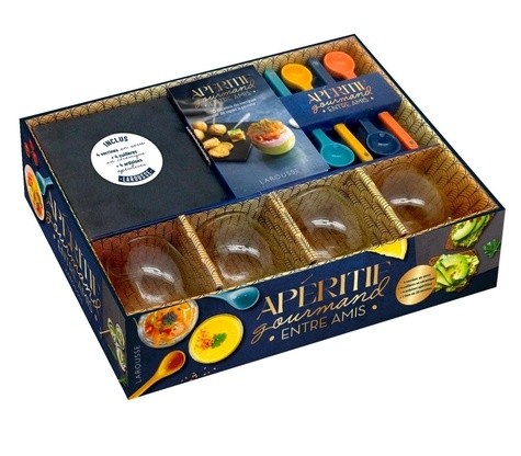  Apéritif gourmand entre amis - Coffret avec 4 verrines, 4 cuillères, 4 ardoises apéritives et 1 livret de recettes 