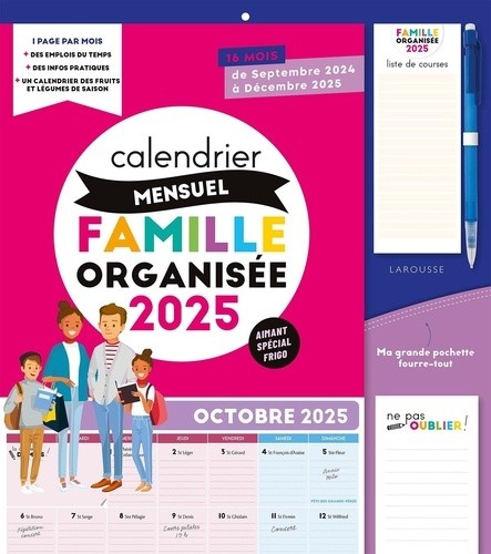  Calendrier mensuel Famille organisée 2025 