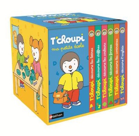  Ma petite école T'choupi - Contient 6 livres : T'choupi découvre les lettres ; T'choupi découvre les formes ; T'choupi découvre les couleurs ; T'choupi découvre les contraires ; T'choupi découvre les chiffres ; T'choupi découvre l'anglais  