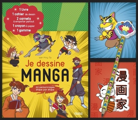  Je dessine manga - Coffret avec 1 livre, 1 cahier de dessin, 2 carnets à emporter partout, 1 crayon à papier et 1 gomme 