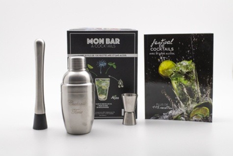  Mon bar à cocktails avec et sans alcool - Coffret avec 1 shaker en inox de 400 ML, 1 pilon en inox et 1 doseur double 