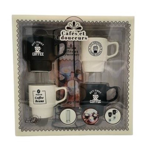  Cafés et douceurs - Coffret avec 4 tasses, 1 support de rangement et 1 livre de recettes 