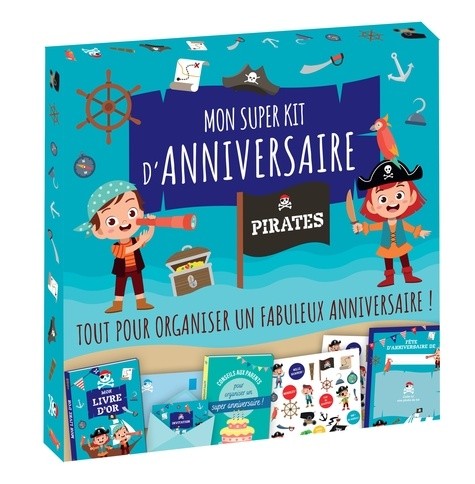  Mon super kit d'anniversaire Pirates - Avec 1 livre d'or, 1 livret pour les parents, 15 cartons d'invitation, 15 enveloppes, 1 planche de stickers, 8 accessoires photobooth et 1 poster 
