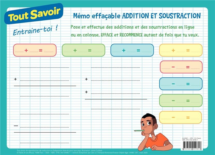  Tout savoir ; mémo effacable addition et soustraction 