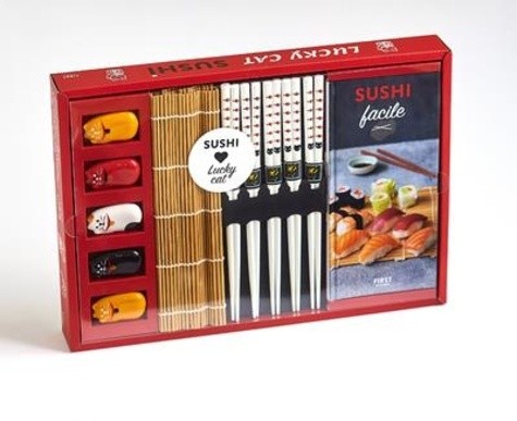  Coffret Lucky cat sushis - Le livre Sushi facile avec 5 paires de baguettes, 5 repose-baguette chat en céramique, 1 natte 