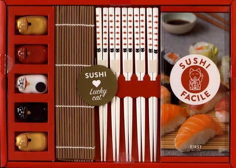 Coffret Lucky cat sushis - Avec 1 natte en bambou, 5 paires de baguettes, 5 repose-baguettes lucky cat en céramique et 1 livre de recettes de sushis facile 