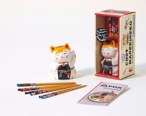  Chef Manekineko et ses baguettes - Avec 4 paires de baguettes décorées, 1 pot à baguettes Manekineko et le livre de cuisine 