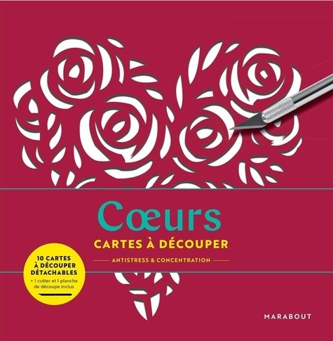  Coeurs - Cartes à découper antistress & concentration - Avec 1 cutter et 1 planche de découpe inclus  