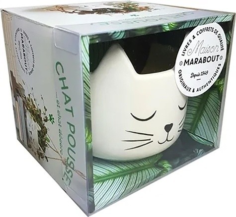  Coffret Chat pousse !...et chat décore - Coffret avec un guide de survie pour plantes d'intérieur, un pot en forme de tête de chat et une corde pour le suspendre 