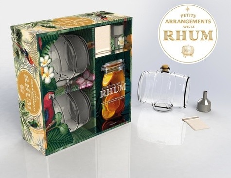  Coffret Petits arrangements avec le rhum - Avec 2 tonneaux en verre, 1 entonnoir en inox et 4 étiquettes 