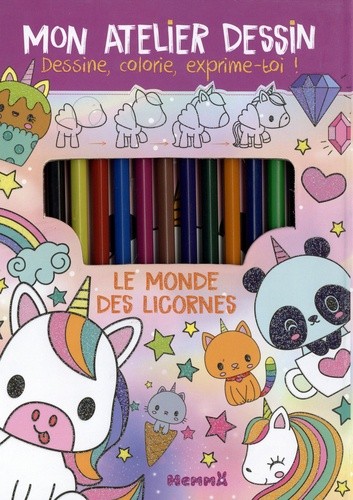  Le monde des licornes - Kit avec 1 bloc créatif, 11 crayons de couleurs, 1 crayon gris de dessin, 1 taille-crayon et 1 gomme 