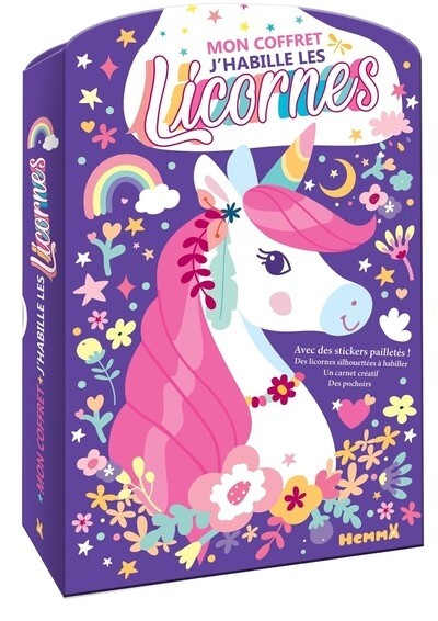 Mon coffret J'habille les licornes - Avec des stickers pailletés ! Des licornes silhouettées à habiller, un carnet créatif, des pochoirs 