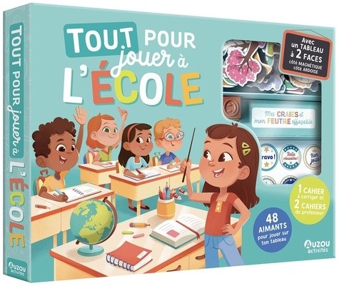  Tout pour jouer à l'école - Avec 1 tableau à 2 faces, 48 aimants, 3 cahiers, 2 craies, 1 feutre effaçable, 2 tampons en bois 